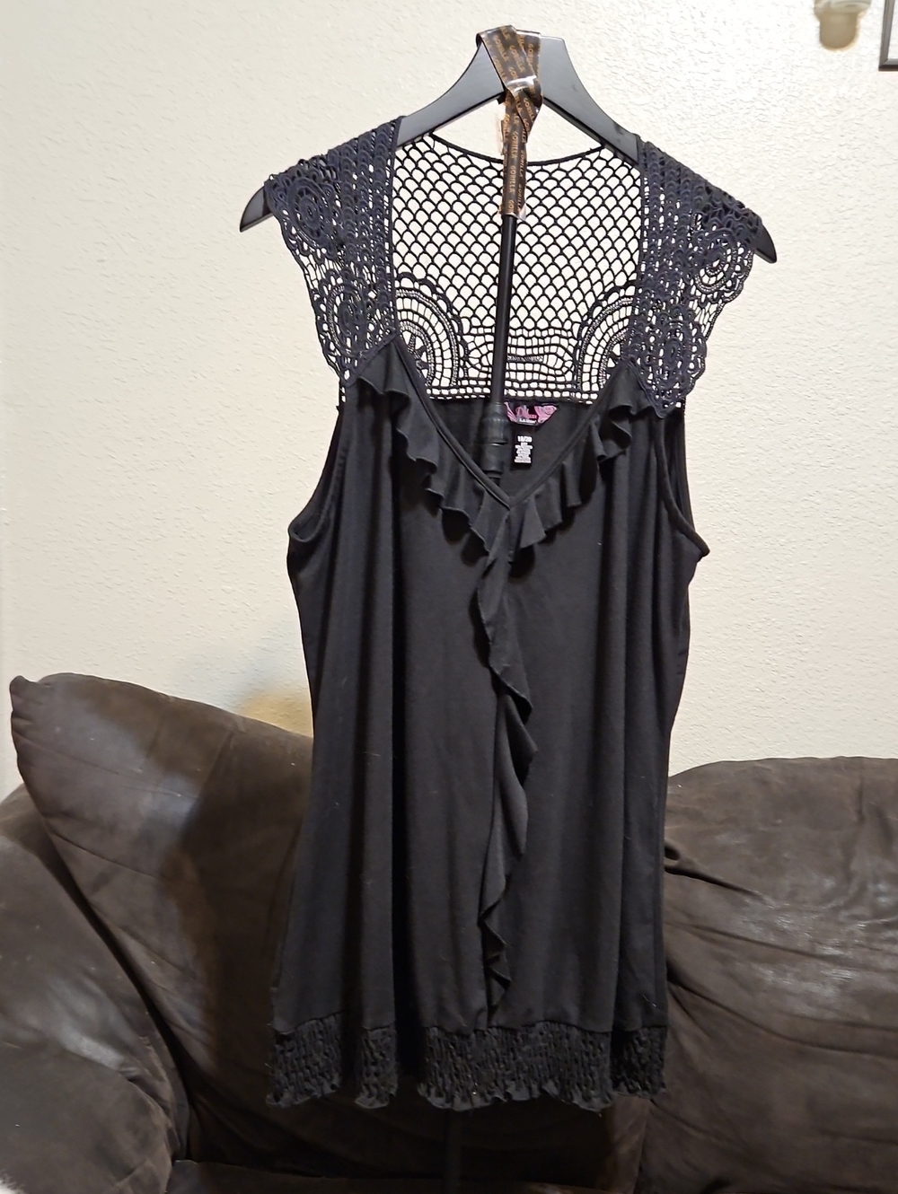 L.A. Blues Black Sleeveless Ruffle Front Crochet Back Blouse